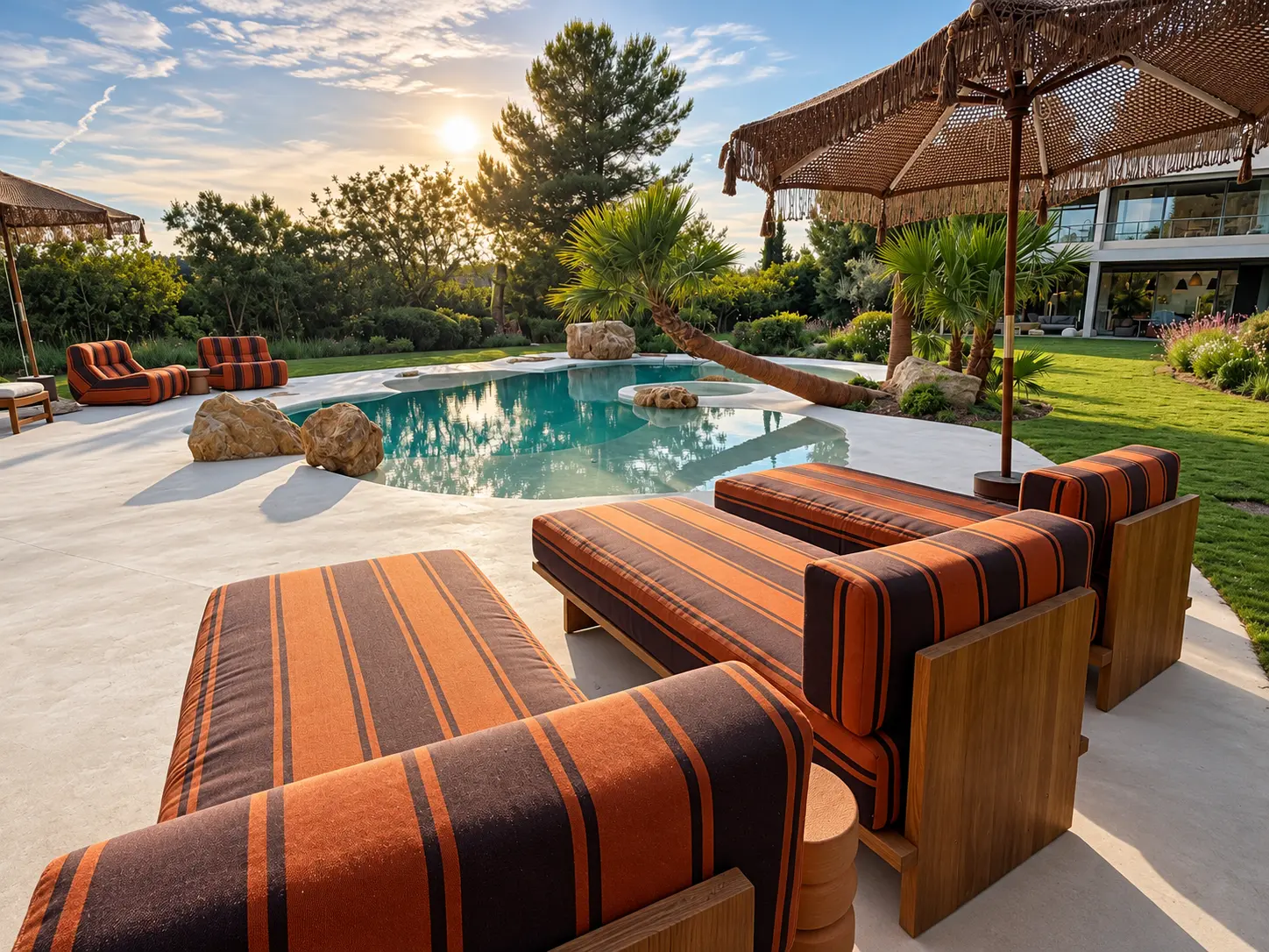 Piscina de arena particular con Arelite Classic Sand integrada en un jardín de Ibiza