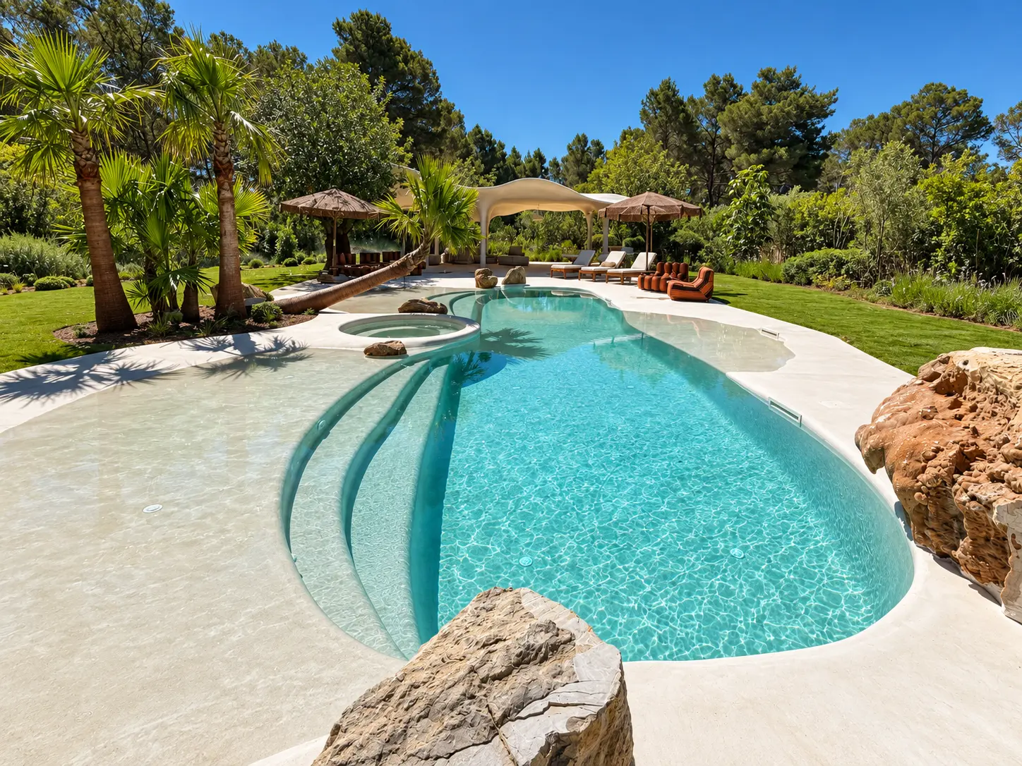 Piscina de arena terminada con Arelite Classic Sand en Ibiza con entrada gradual, roca y vegetación