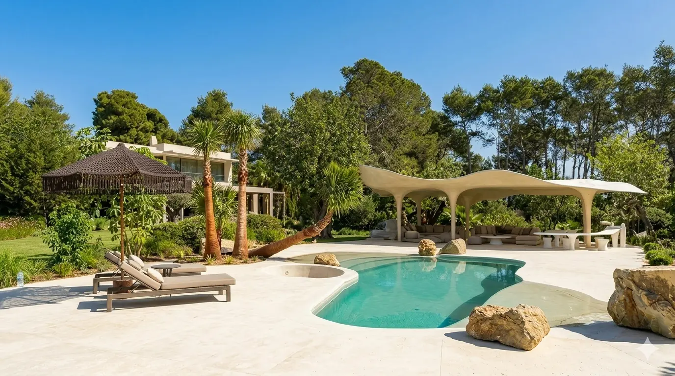 Vista general de piscina de arena Arelite Classic Sand en Ibiza integrada en un amplio jardín mediterráneo
