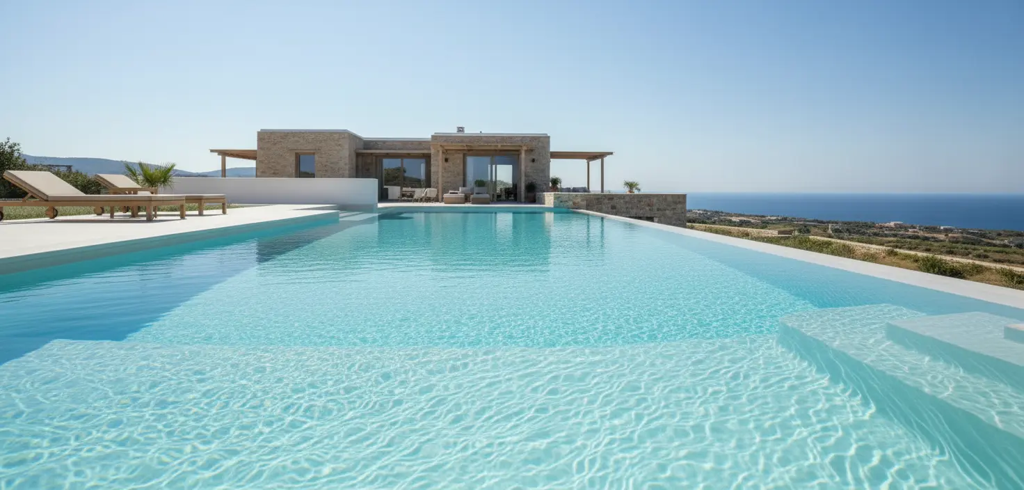 Piscina particular de cemento con revestimiento mineral Arelite Marfe Blanco
