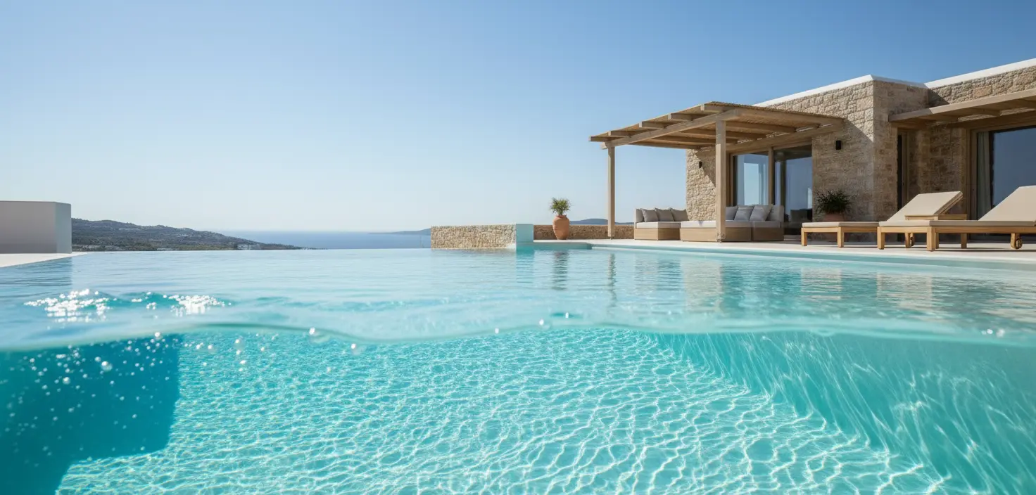 Vista a nivel de agua de piscina con Arelite Marfe Blanco y vivienda mediterránea