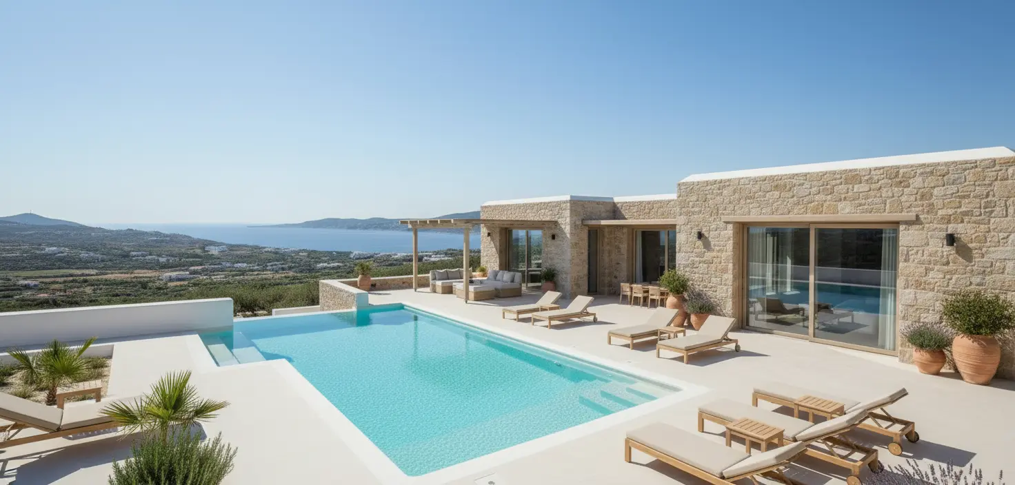 Vista elevada de piscina de cemento con Arelite Marfe Blanco junto a vivienda de piedra