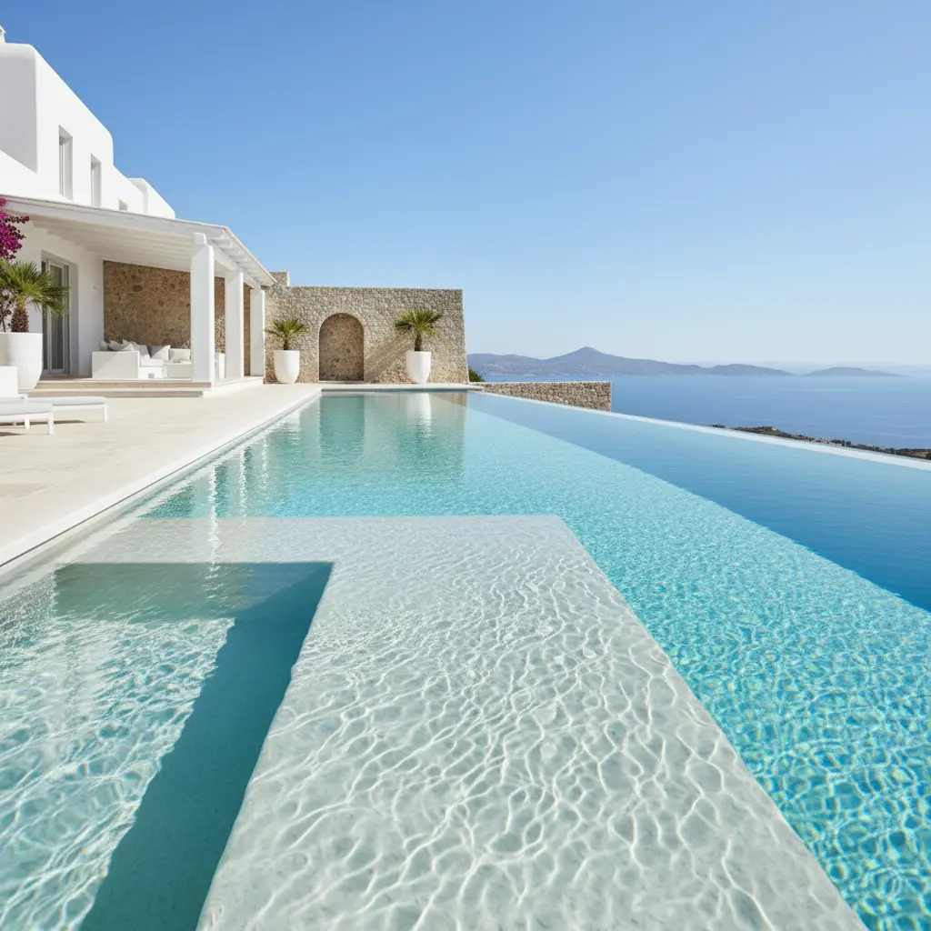Vista del agua y plataforma de piscina hotelera con Arelite Marfe Sand frente al mar