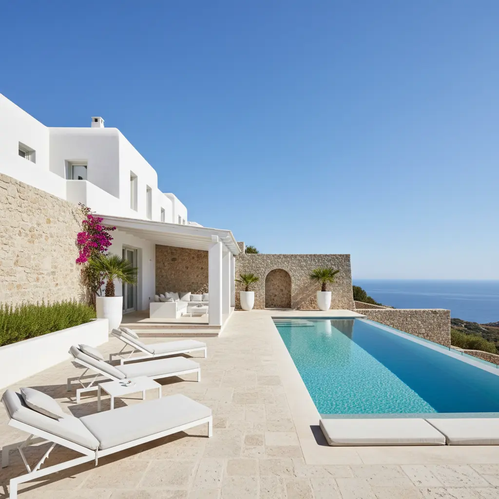 Vista lateral de piscina hotelera Marfe Sand con tumbonas y fachada blanca en Formentera