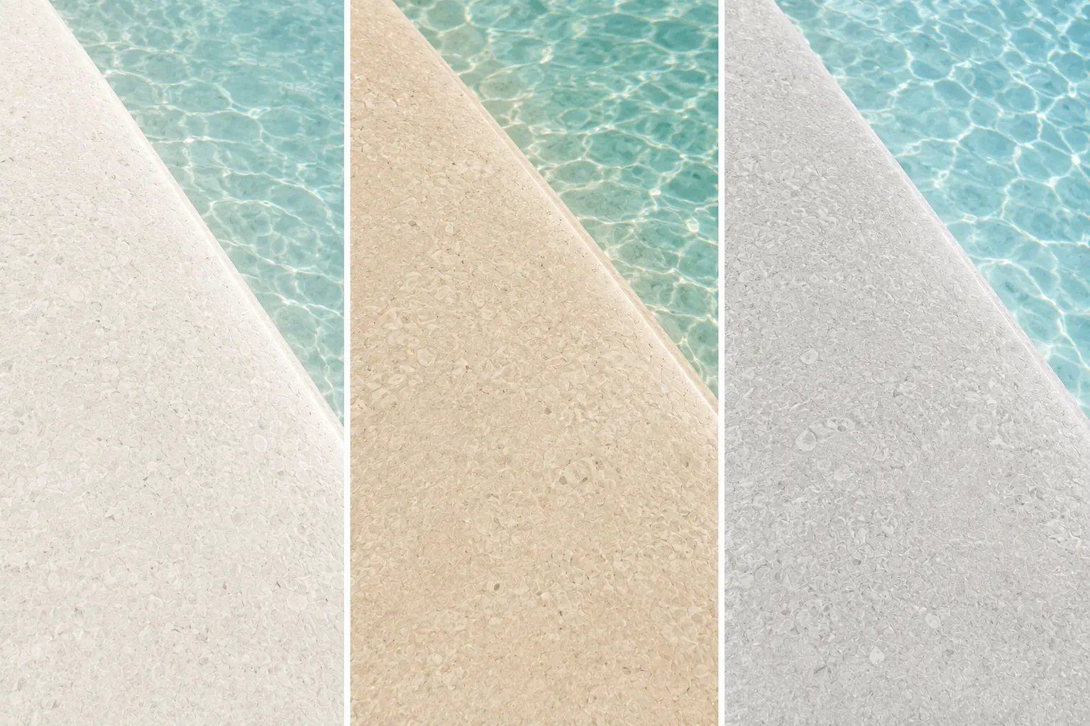 Detalle de los acabados Arelite Polish Natur, Sand y Costa, con superficies minerales continuas en tonos natural, arena y gris claro junto al agua de la piscina.
