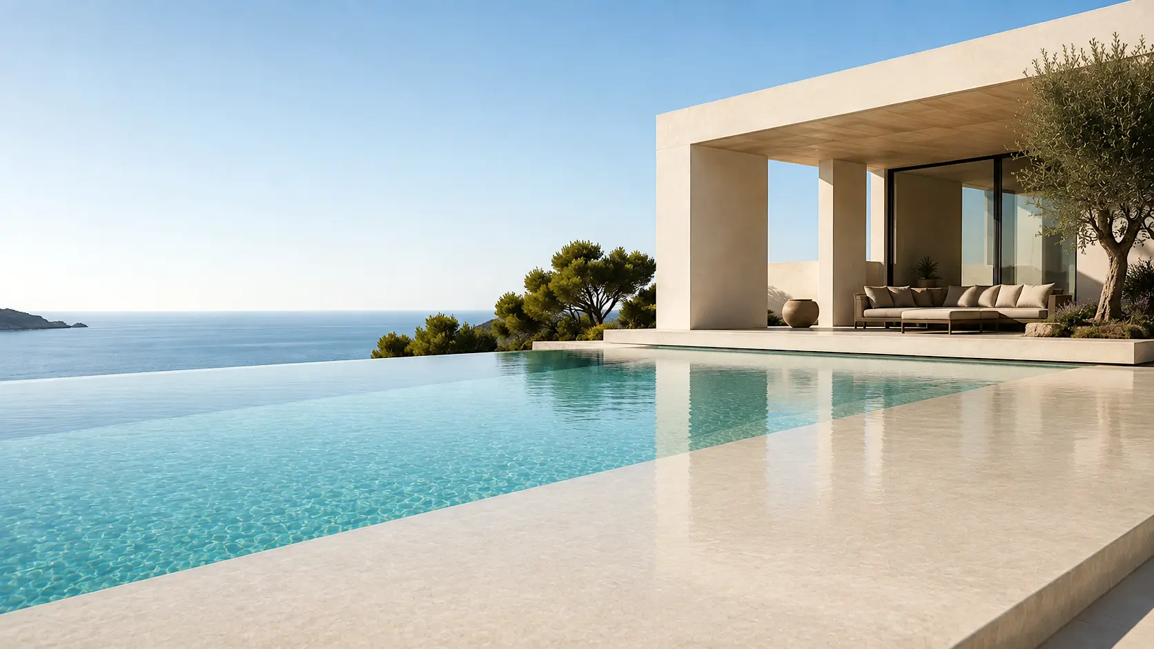 Piscina contemporánea revestida con Arelite Polish, acabado mineral continuo de cuarzo y mármol con superficie pulida y arquitectura mediterránea.