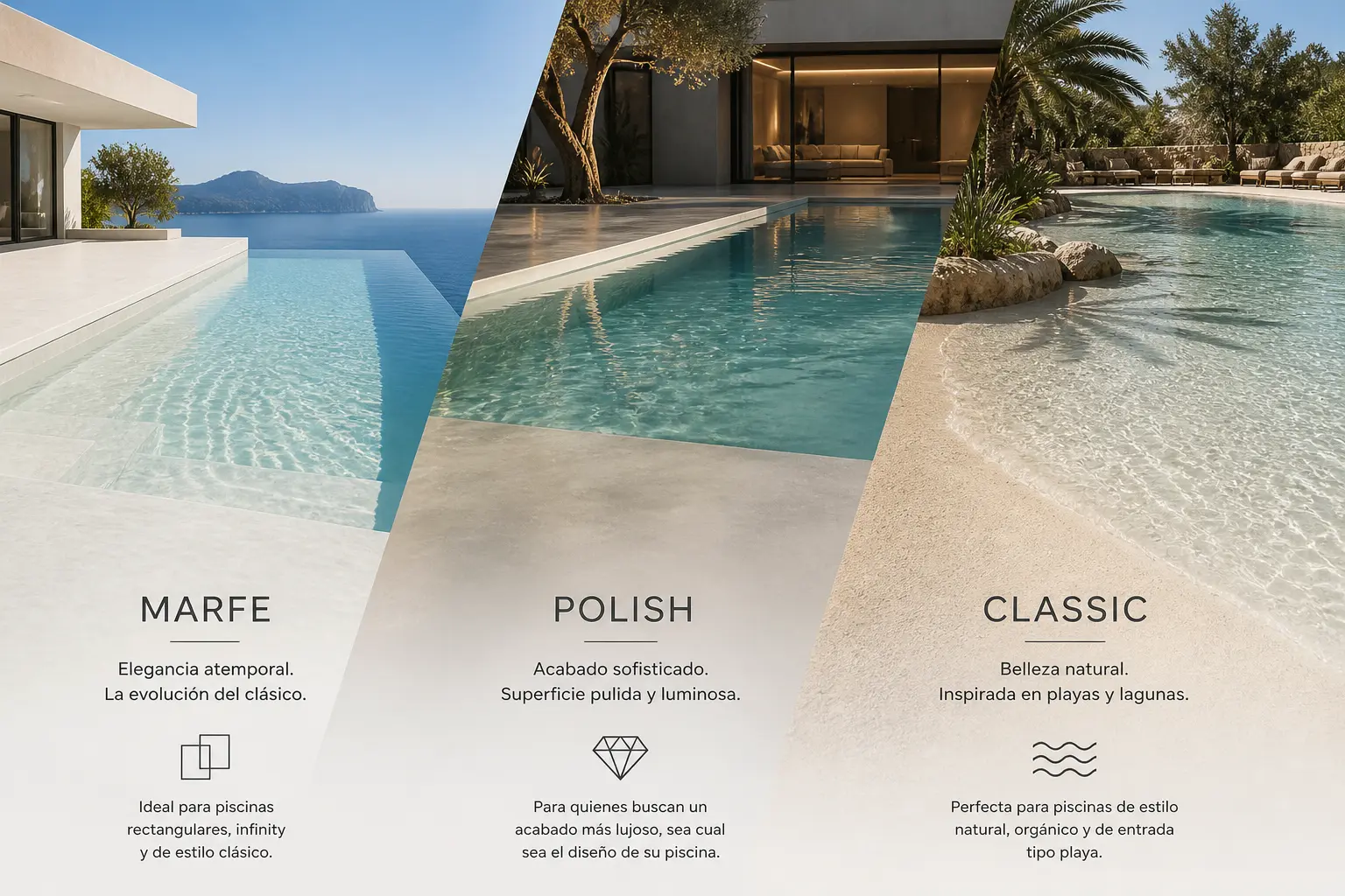 Eleción del tipo de piscina, con materieles de arelite, revocos en continuo como classic para piscinas naturales tipo playa de arena, arelite polish para piscinas elegantes de lujo, o arelite marfe para todo tipo de piscinas que quieran una cabado liso y moderno