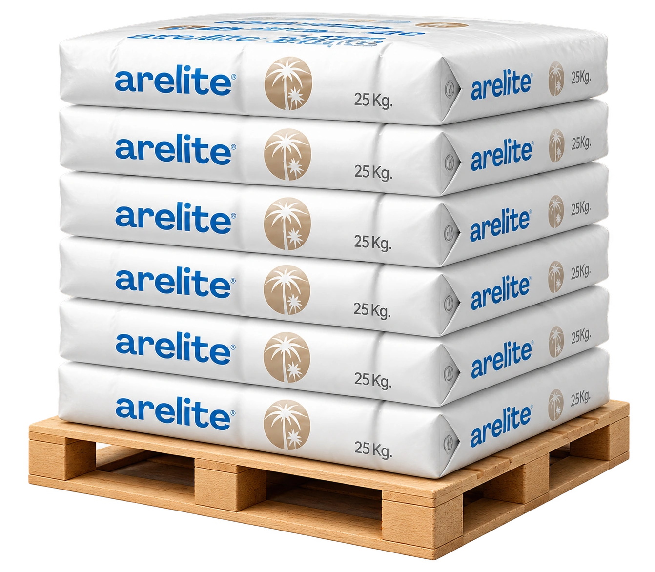 Sacos de revestimiento mineral Arelite preparados sobre palet para suministro de obra