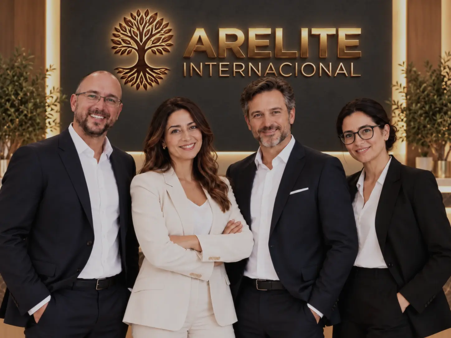 Equipo de Arelite Internacional posando frente al logotipo corporativo